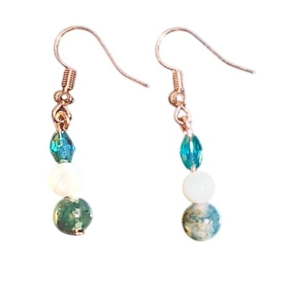 Green white earrings on copper earwires moss agate green glass white agate - Picture 1 of 2